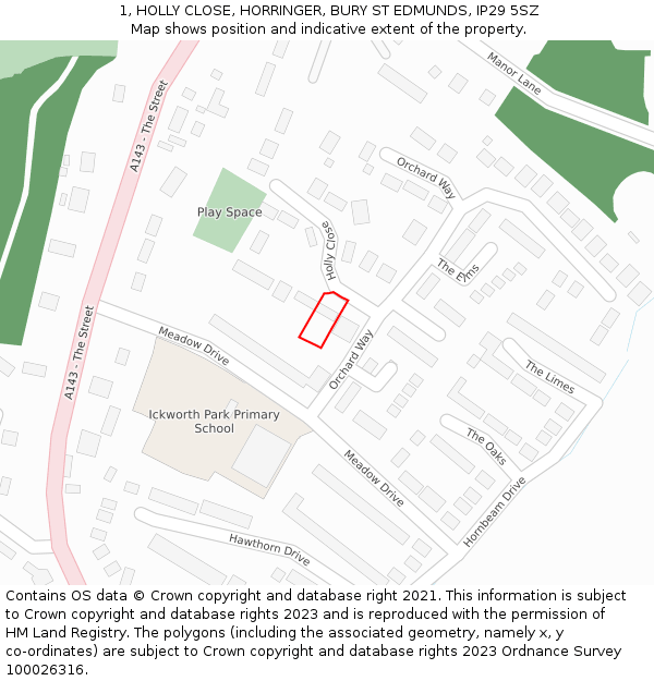 1, HOLLY CLOSE, HORRINGER, BURY ST EDMUNDS, IP29 5SZ: Location map and indicative extent of plot