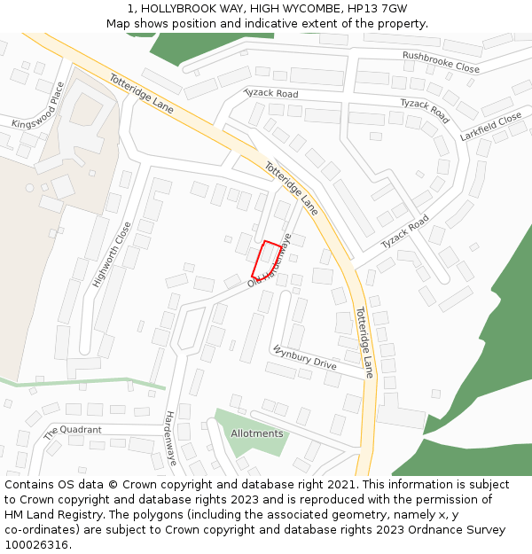 1, HOLLYBROOK WAY, HIGH WYCOMBE, HP13 7GW: Location map and indicative extent of plot