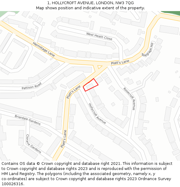 1, HOLLYCROFT AVENUE, LONDON, NW3 7QG: Location map and indicative extent of plot