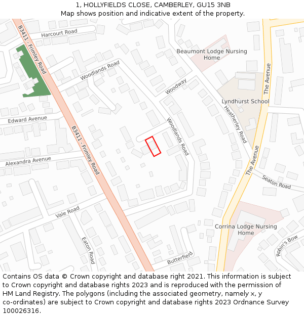 1, HOLLYFIELDS CLOSE, CAMBERLEY, GU15 3NB: Location map and indicative extent of plot