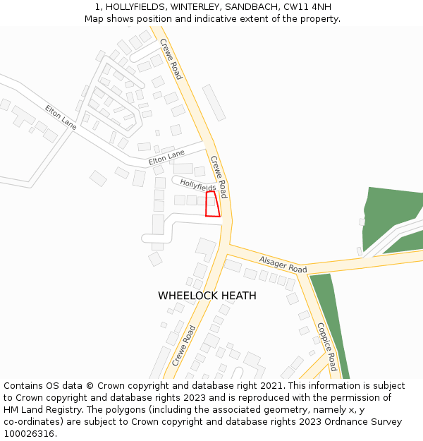 1, HOLLYFIELDS, WINTERLEY, SANDBACH, CW11 4NH: Location map and indicative extent of plot
