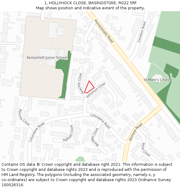 1, HOLLYHOCK CLOSE, BASINGSTOKE, RG22 5RF: Location map and indicative extent of plot