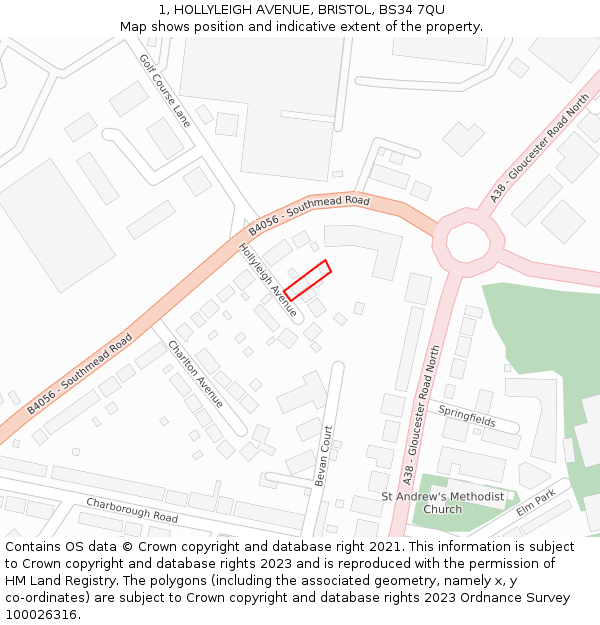 1, HOLLYLEIGH AVENUE, BRISTOL, BS34 7QU: Location map and indicative extent of plot