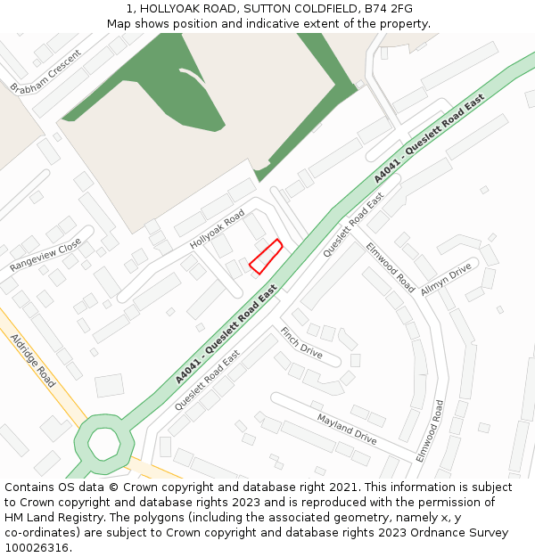 1, HOLLYOAK ROAD, SUTTON COLDFIELD, B74 2FG: Location map and indicative extent of plot