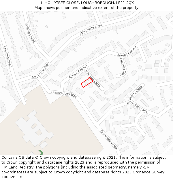 1, HOLLYTREE CLOSE, LOUGHBOROUGH, LE11 2QX: Location map and indicative extent of plot