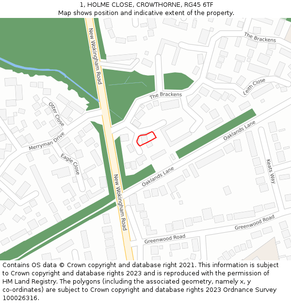 1, HOLME CLOSE, CROWTHORNE, RG45 6TF: Location map and indicative extent of plot