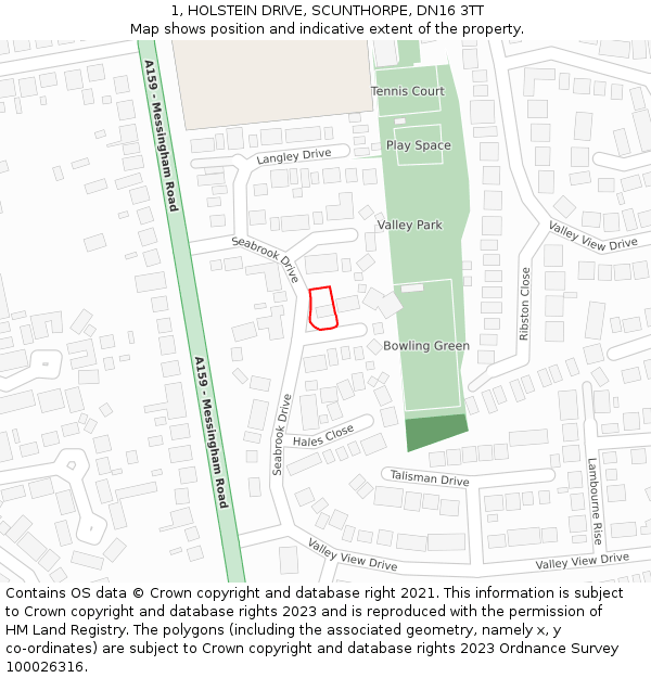 1, HOLSTEIN DRIVE, SCUNTHORPE, DN16 3TT: Location map and indicative extent of plot