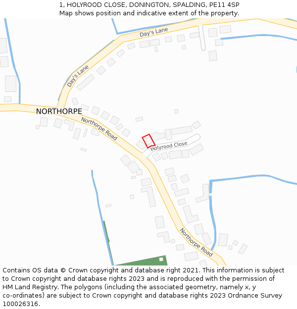 1, HOLYROOD CLOSE, DONINGTON, SPALDING, PE11 4SP: Location map and indicative extent of plot