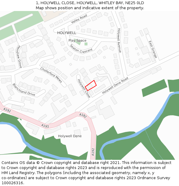 1, HOLYWELL CLOSE, HOLYWELL, WHITLEY BAY, NE25 0LD: Location map and indicative extent of plot