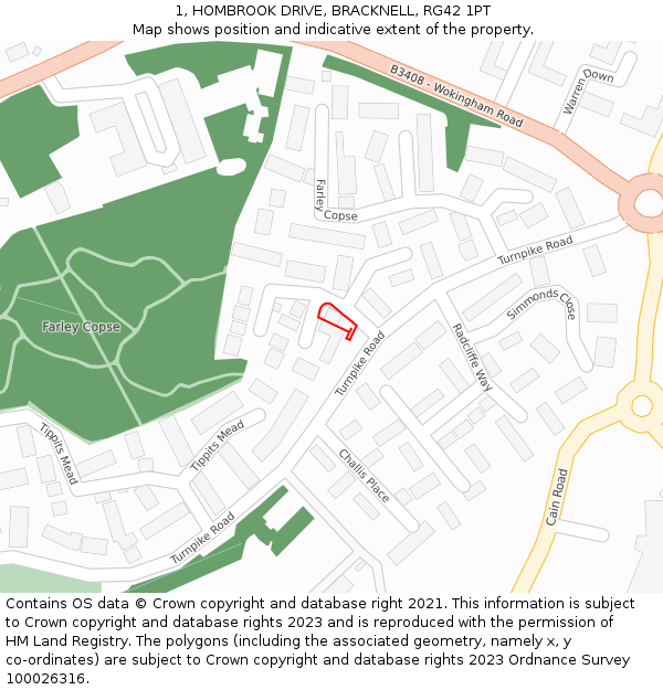 1, HOMBROOK DRIVE, BRACKNELL, RG42 1PT: Location map and indicative extent of plot