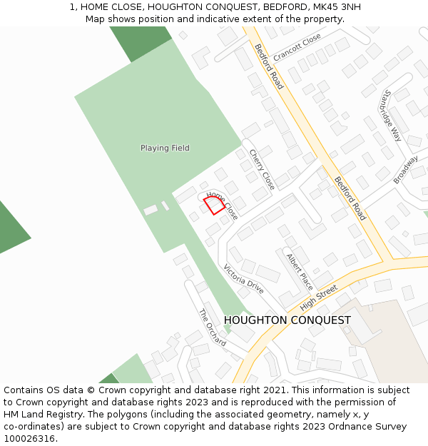 1, HOME CLOSE, HOUGHTON CONQUEST, BEDFORD, MK45 3NH: Location map and indicative extent of plot