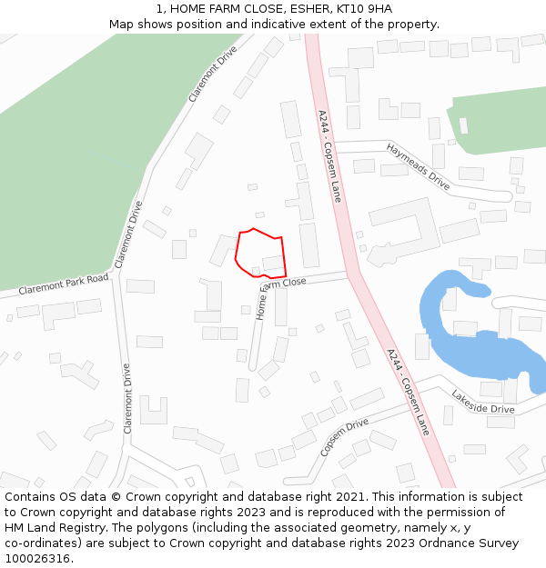 1, HOME FARM CLOSE, ESHER, KT10 9HA: Location map and indicative extent of plot