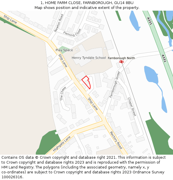1, HOME FARM CLOSE, FARNBOROUGH, GU14 8BU: Location map and indicative extent of plot
