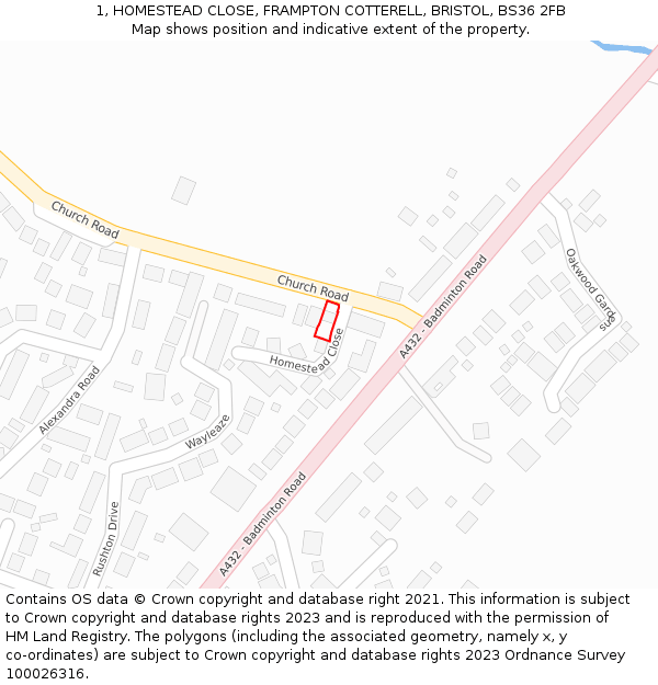 1, HOMESTEAD CLOSE, FRAMPTON COTTERELL, BRISTOL, BS36 2FB: Location map and indicative extent of plot