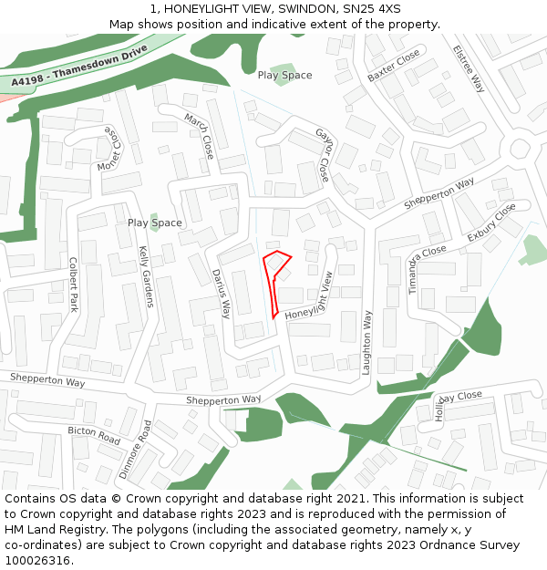 1, HONEYLIGHT VIEW, SWINDON, SN25 4XS: Location map and indicative extent of plot