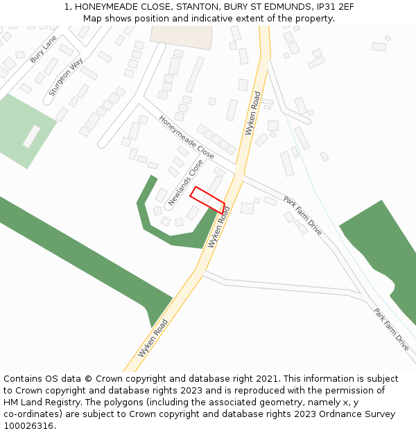 1, HONEYMEADE CLOSE, STANTON, BURY ST EDMUNDS, IP31 2EF: Location map and indicative extent of plot