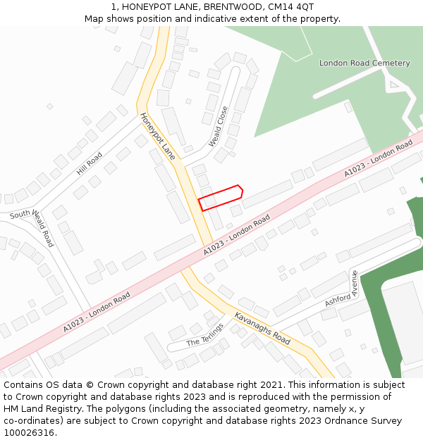 1, HONEYPOT LANE, BRENTWOOD, CM14 4QT: Location map and indicative extent of plot