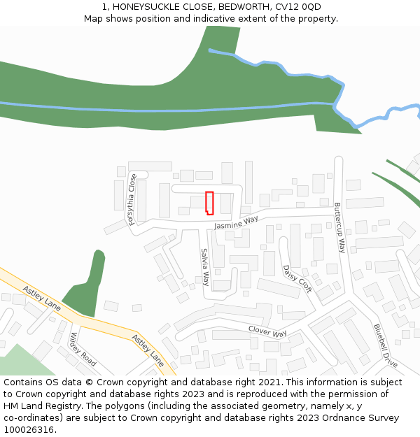 1, HONEYSUCKLE CLOSE, BEDWORTH, CV12 0QD: Location map and indicative extent of plot