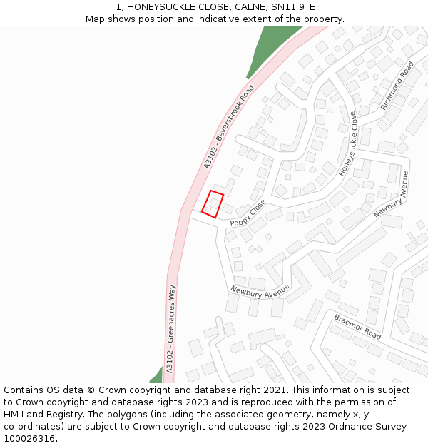 1, HONEYSUCKLE CLOSE, CALNE, SN11 9TE: Location map and indicative extent of plot