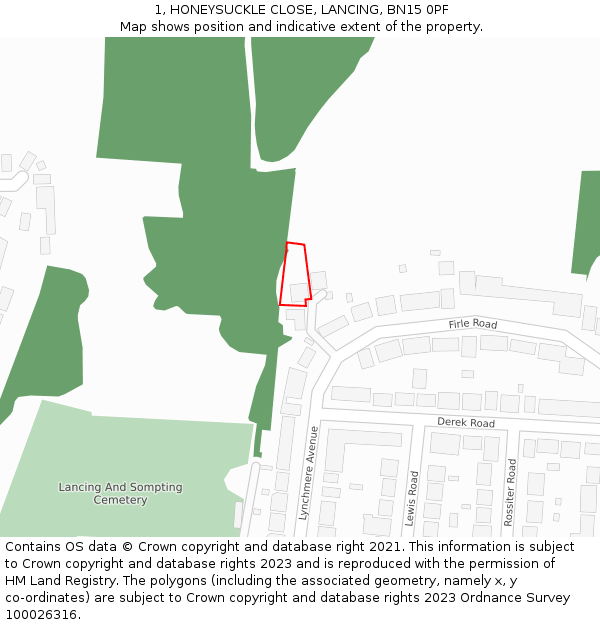 1, HONEYSUCKLE CLOSE, LANCING, BN15 0PF: Location map and indicative extent of plot