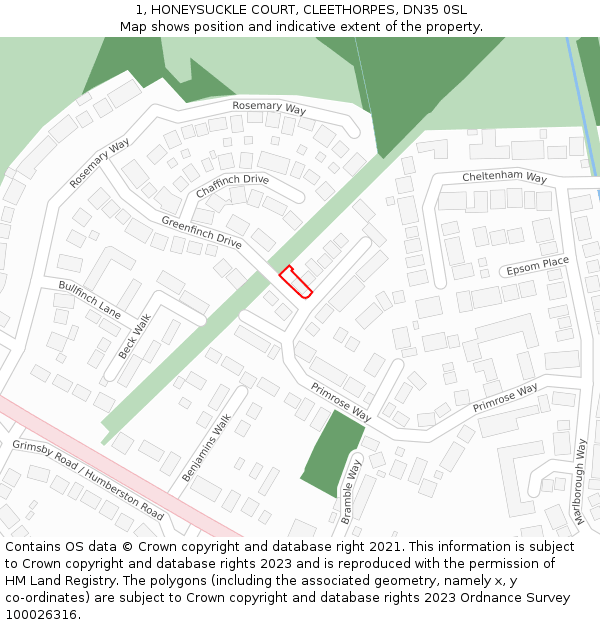 1, HONEYSUCKLE COURT, CLEETHORPES, DN35 0SL: Location map and indicative extent of plot