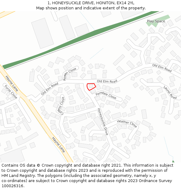 1, HONEYSUCKLE DRIVE, HONITON, EX14 2YL: Location map and indicative extent of plot