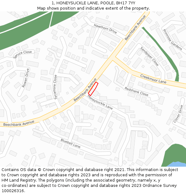 1, HONEYSUCKLE LANE, POOLE, BH17 7YY: Location map and indicative extent of plot