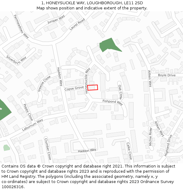 1, HONEYSUCKLE WAY, LOUGHBOROUGH, LE11 2SD: Location map and indicative extent of plot