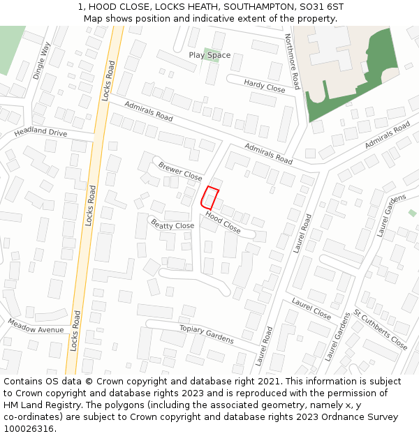 1, HOOD CLOSE, LOCKS HEATH, SOUTHAMPTON, SO31 6ST: Location map and indicative extent of plot