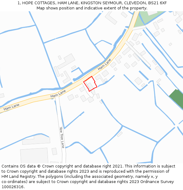 1, HOPE COTTAGES, HAM LANE, KINGSTON SEYMOUR, CLEVEDON, BS21 6XF: Location map and indicative extent of plot