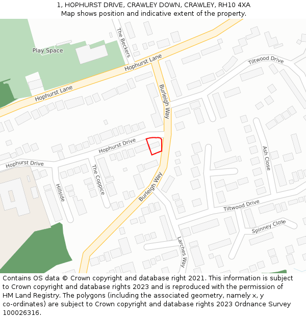 1, HOPHURST DRIVE, CRAWLEY DOWN, CRAWLEY, RH10 4XA: Location map and indicative extent of plot