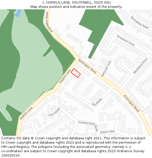 1, HOPKILN LANE, SOUTHWELL, NG25 0AU: Location map and indicative extent of plot