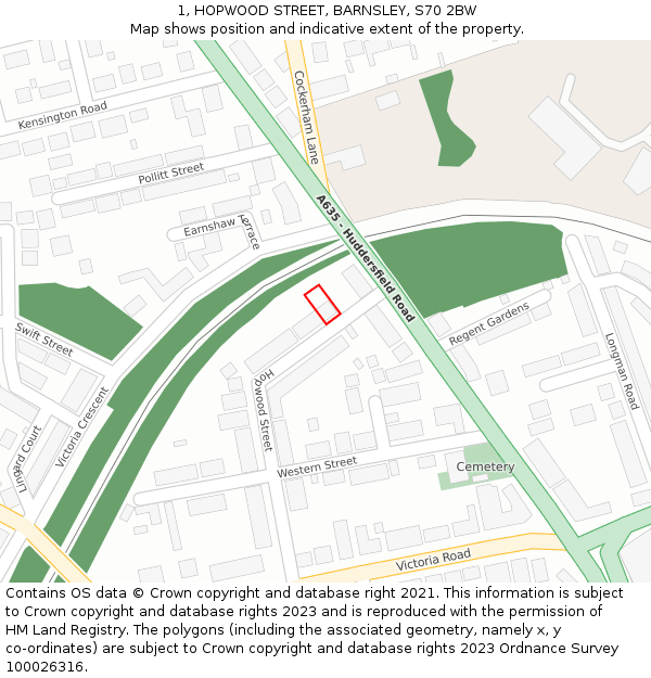 1, HOPWOOD STREET, BARNSLEY, S70 2BW: Location map and indicative extent of plot