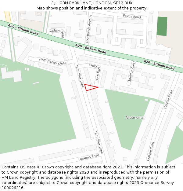 1, HORN PARK LANE, LONDON, SE12 8UX: Location map and indicative extent of plot