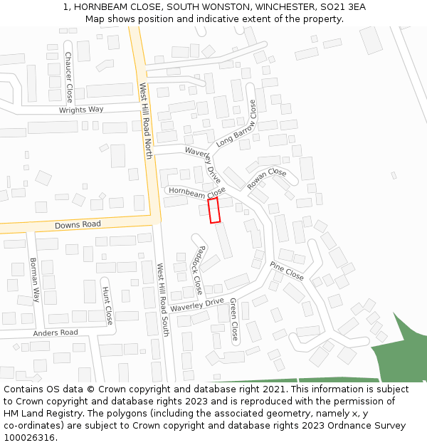 1, HORNBEAM CLOSE, SOUTH WONSTON, WINCHESTER, SO21 3EA: Location map and indicative extent of plot