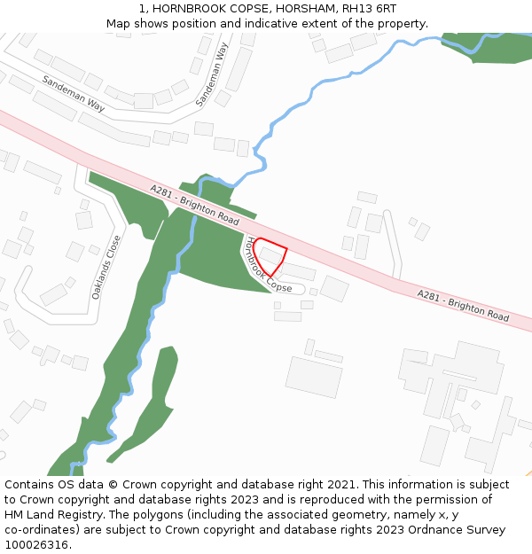 1, HORNBROOK COPSE, HORSHAM, RH13 6RT: Location map and indicative extent of plot