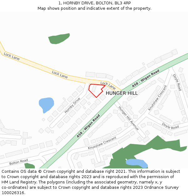 1, HORNBY DRIVE, BOLTON, BL3 4RP: Location map and indicative extent of plot