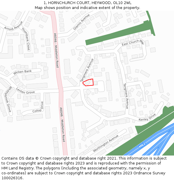 1, HORNCHURCH COURT, HEYWOOD, OL10 2WL: Location map and indicative extent of plot