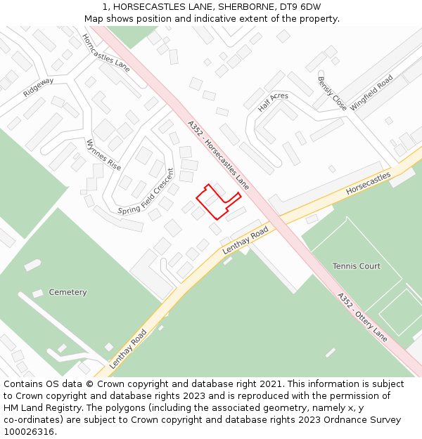 1, HORSECASTLES LANE, SHERBORNE, DT9 6DW: Location map and indicative extent of plot