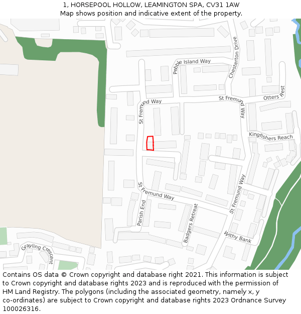 1, HORSEPOOL HOLLOW, LEAMINGTON SPA, CV31 1AW: Location map and indicative extent of plot