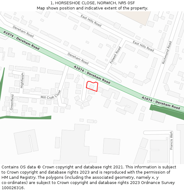 1, HORSESHOE CLOSE, NORWICH, NR5 0SF: Location map and indicative extent of plot