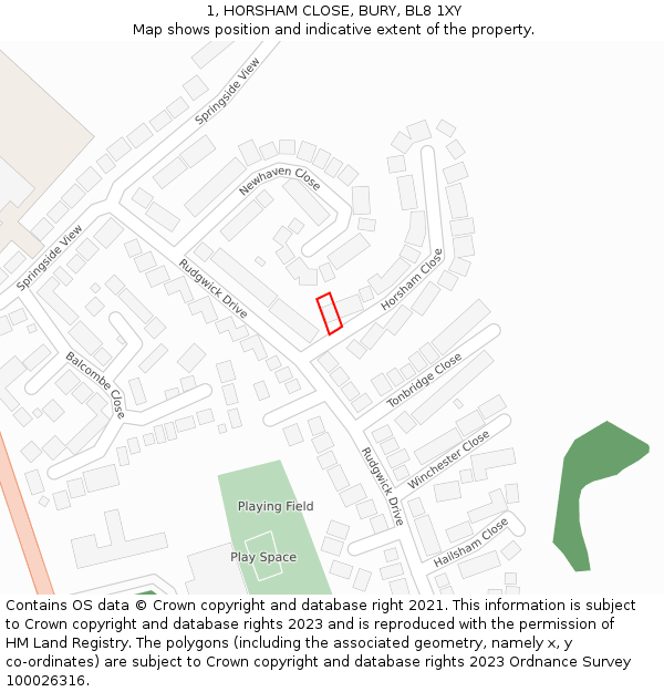 1, HORSHAM CLOSE, BURY, BL8 1XY: Location map and indicative extent of plot