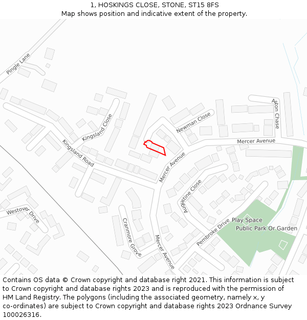 1, HOSKINGS CLOSE, STONE, ST15 8FS: Location map and indicative extent of plot