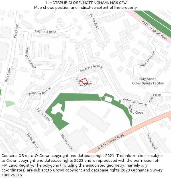 1, HOTSPUR CLOSE, NOTTINGHAM, NG6 0FW: Location map and indicative extent of plot