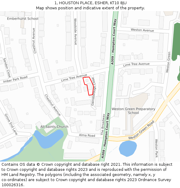 1, HOUSTON PLACE, ESHER, KT10 8JU: Location map and indicative extent of plot