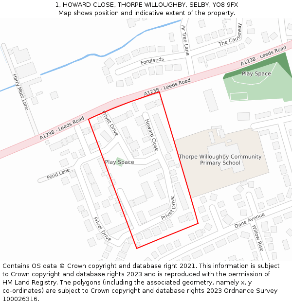 1, HOWARD CLOSE, THORPE WILLOUGHBY, SELBY, YO8 9FX: Location map and indicative extent of plot