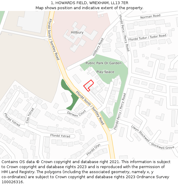 1, HOWARDS FIELD, WREXHAM, LL13 7ER: Location map and indicative extent of plot