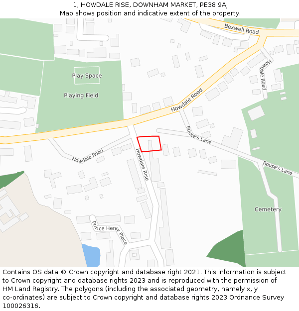 1, HOWDALE RISE, DOWNHAM MARKET, PE38 9AJ: Location map and indicative extent of plot
