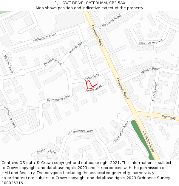 1, HOWE DRIVE, CATERHAM, CR3 5AX: Location map and indicative extent of plot