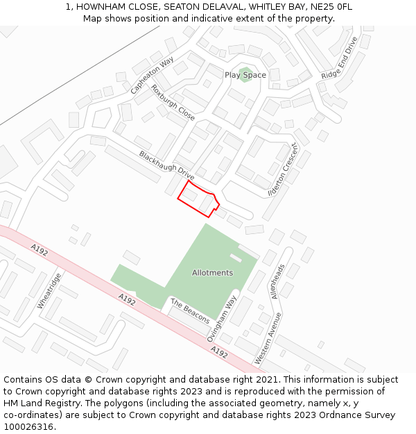 1, HOWNHAM CLOSE, SEATON DELAVAL, WHITLEY BAY, NE25 0FL: Location map and indicative extent of plot